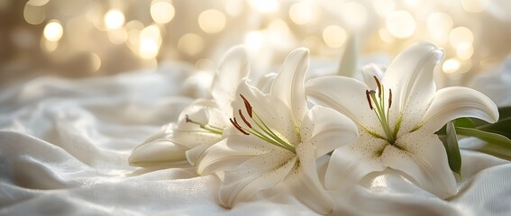 Beautiful white lilies arranged in the shape of a garland with glowing bokeh lights