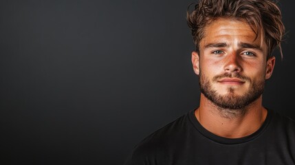Obraz premium An impactful portrait of a young man with a confident smile, portraying a sense of determination and positivity against a minimalistic dark background.