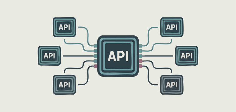 central api hub connected to multiple api endpoints, vector illustration for api gateway management, traffic control and software integration architecture