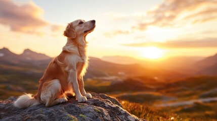 A majestic Golden Retriever sitting attentively on a rocky cliff, overlooking a breathtaking sunset that symbolizes loyalty and the beauty of nature.