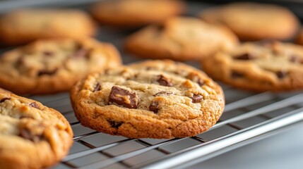 Golden brown chocolate chip cookies freshly baked and cooling on a wire rack, inviting temptation with their delicious aroma and perfect texture for snack lovers everywhere.