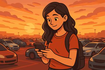 Young woman using a smartphone in a busy parking lot at sunset. Cartoon vector illustration of a girl texting, a concept of modern communication, technology, and urban lifestyle.