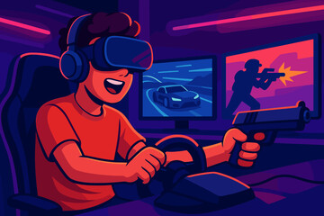 Gamer wearing VR headset plays eSports racing and shooting games. Young man immersed in virtual reality with steering wheel and gun controller. Futuristic neon room with monitors.
