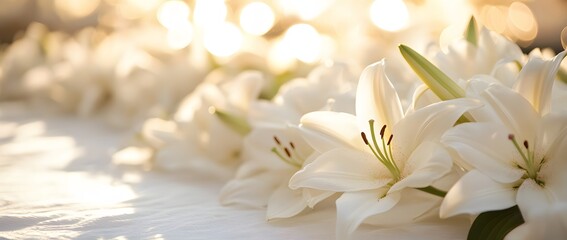 Fototapeta premium Beautiful white lilies arranged in the shape of a garland with glowing bokeh lights