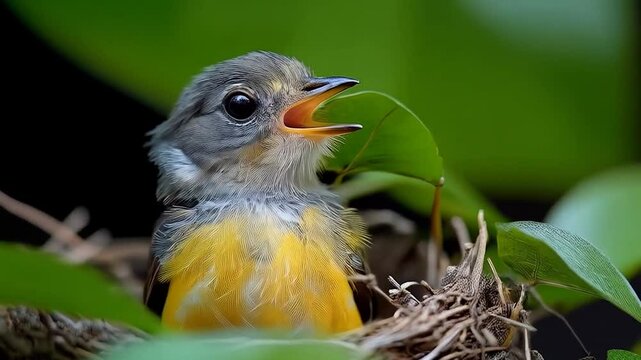 Baby bird with open beak in nest