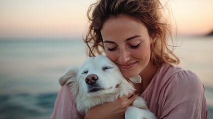 A joyful woman and her loving dog share a heartwarming moment as they embrace on a tranquil beach during sunset, epitomizing companionship and the bond between humans and pets.