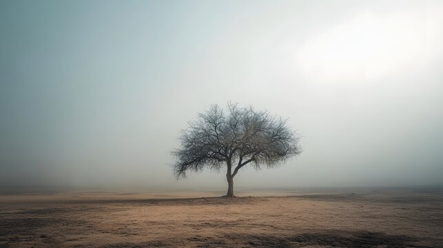 Lone tree standing in a foggy desert landscape with barren ground
