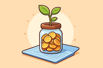 Financial growth metaphor with a plant sprout growing from a glass jar of gold coins on a bank passbook. Investment, savings, pension, and passive income concept. Vector illustration.
