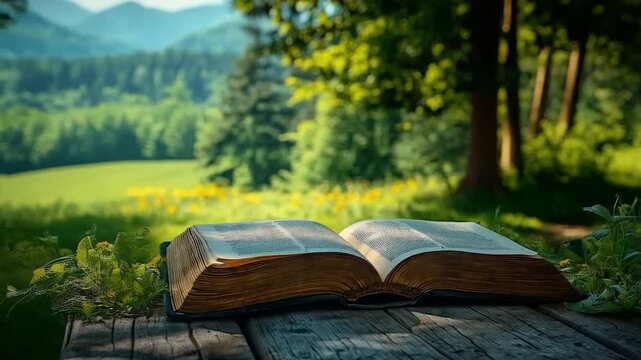 Open book on rustic wooden table, idyllic landscape background - Powered by Adobe