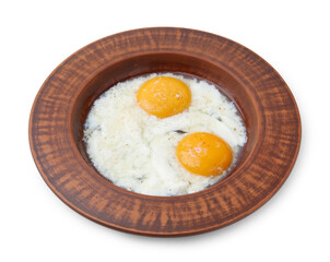 Half-boiled eggs in plate isolated on white. Traditional asian breakfast