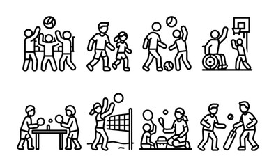 Outline icons of diverse people enjoying various sports and outdoor activities