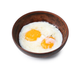 Half-boiled eggs in bowl isolated on white. Traditional asian breakfast