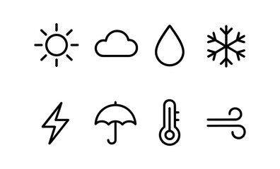 Weather icons: sun, cloud, rain, snow, lightning, umbrella, thermometer, wind
