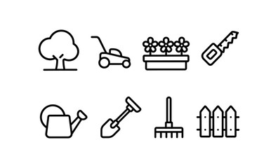 Simple garden tool icons featuring tree, lawn mower, flowers, saw, watering can, shovel, rake, fence
