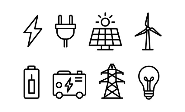 Minimalist icons of renewable energy sources and power generation