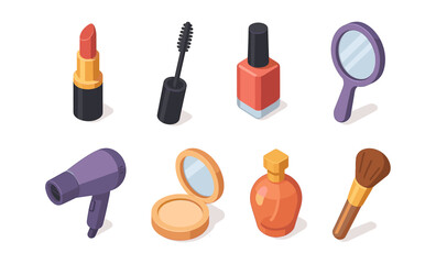 Set of isometric makeup and beauty tools including lipstick, mascara, and mirror