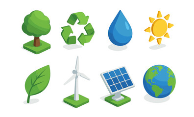 Environmental icons: tree, recycling, water drop, sun, leaf, wind turbine, solar panel, earth