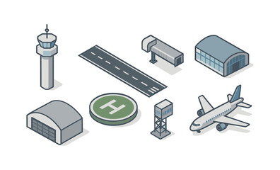 Isometric airport icons set with airplane, runway, control tower, and hangars