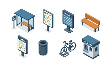 Isometric public transport icons featuring bus stop, route map, timetable, and bicycle stand