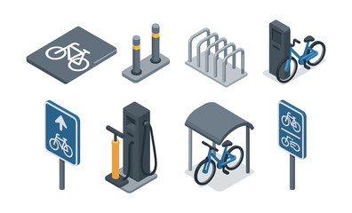 Isometric bicycle infrastructure icons: bike lanes, racks, and pump stations