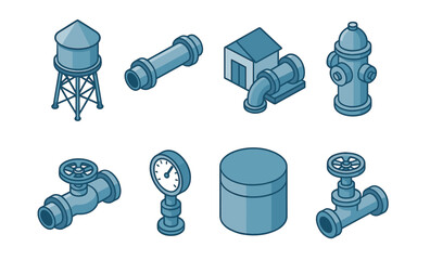 Isometric blue water supply system icons: tower, pipe, hydrant, pump