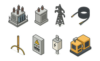 Isometric icons of power infrastructure - transformers, generator, and more