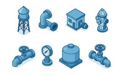 Isometric blue industrial icons: water tower, pipes, hydrant, gauge, valves, pump station