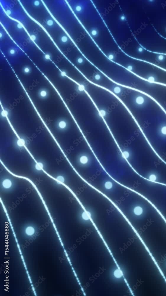 Poster abstract glowing blue grid with light nodes flowing in wave-like formation on a dark background