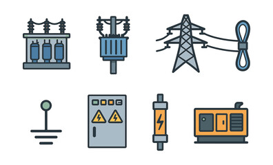 Electrical component icons: transformer, power lines, and generator illustrations