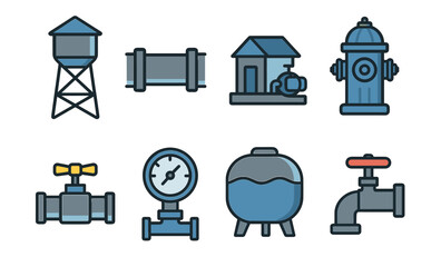 Water supply and management icons set featuring hydrant, pipelines, and valves