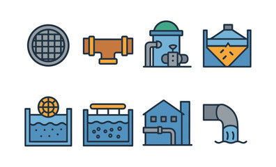 Water treatment process icons: filtration, storage, distribution, waste management