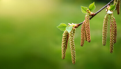 spring alder branch with opening buds and catkins close up view selective focus blurred green background empty space for text mockup for design