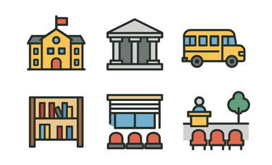 Educational symbols: school, library, bus, auditorium in iconic style