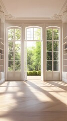 Bright empty room with large French windows opening to a lush green garden