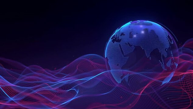 Abstract digital globe on a dark blue background with red and purple lines, symbolizing global network technology or a world news channel banner design Generative AI