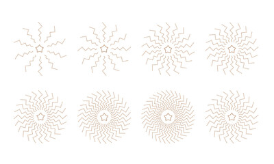 Helix round sunburst, explosion icons with star. Spiral abstract circle geometric shapes. Vector illustrations set