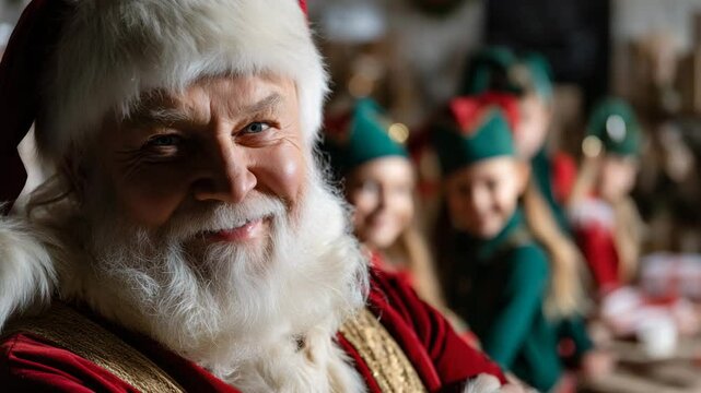 A close-up portrait of Santa Claus smiling at the camera, with elves in the background, creating an enchanting and festive atmosphere for Christmas