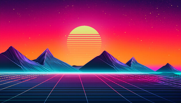 retro eighties abstract scene featuring mountains and vibrant colors