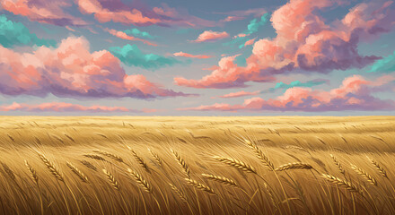 Fototapeta premium Digital painting of a vast wheat field swaying in slow motion, with abstract clouds floating above.
