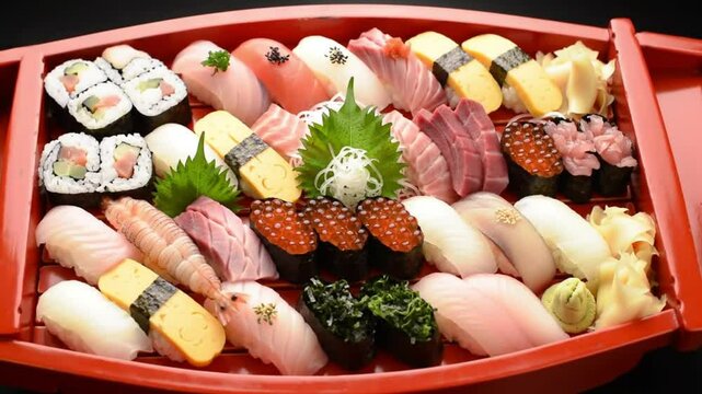 Japanese food boat assorted sushi and sashimi including nigiri, maki rolls, sashimi slices, tamago, ebi and ikura, garnished with wasabi, pickled ginger and shiso leaves. 4K video.
