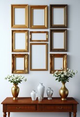 Empty picture frames and vases on the walls of the home