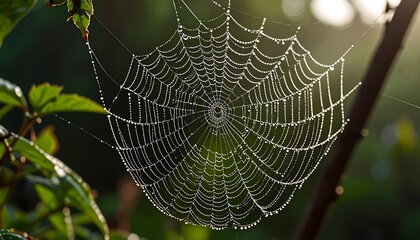 Dewkissed spiderweb with morning light.