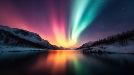 Obraz premium A breathtaking view of the Northern Lights illuminating the snowy landscape, reflecting colors on the water's surface, creating a serene and magical atmosphere.