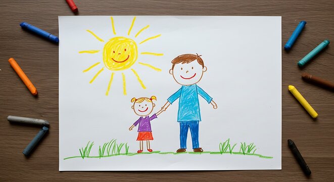 Child's drawing of father and daughter, crayon art. 