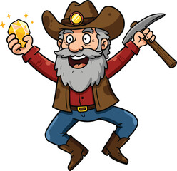 Happy Miner Cartoon Character with Pickaxe and Gold Nugget, Symbolizing Success, Hard Work, and Discovery