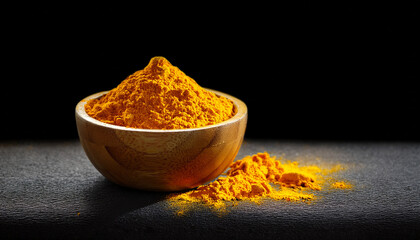 turmeric powder in wooden bowl isolated on dark background turmeric curcuma longa linn spice concept