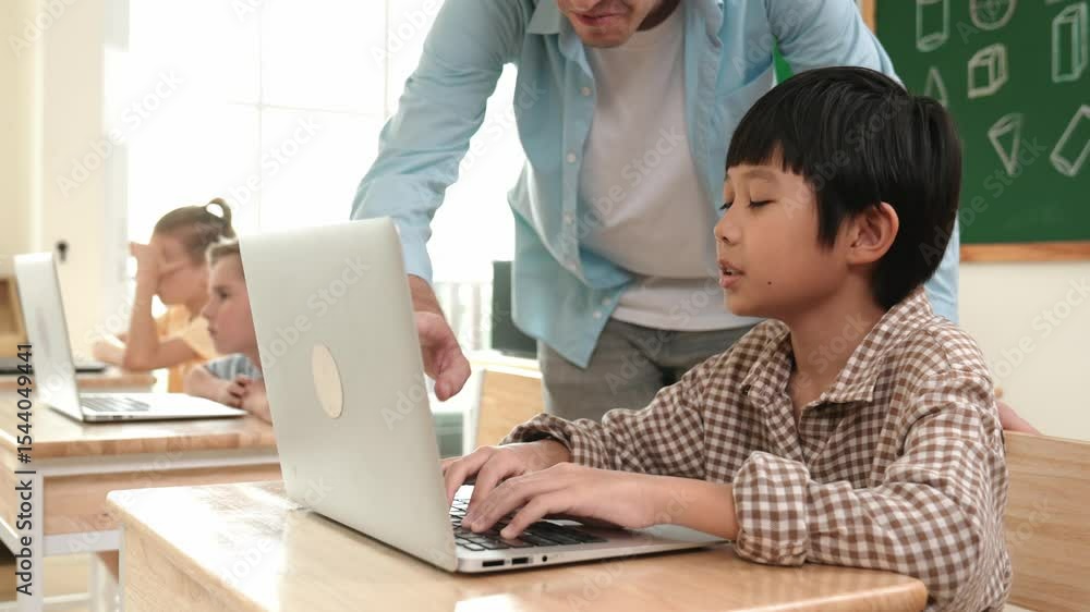 Poster caucasian teacher helping asian student coding engineering prompt while diverse student using softwa