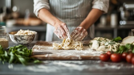A skilled artisan crafts fresh pasta in a well-lit kitchen, showcasing the artistry and passion for culinary traditions and the joy of creating delicious food.
