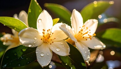 Dewy White Flowers with Sunlight.