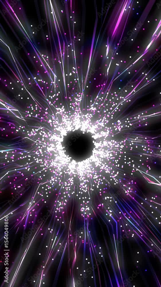 Poster abstract black hole vortex with glowing pink and white data streams and particles, creating a futuri